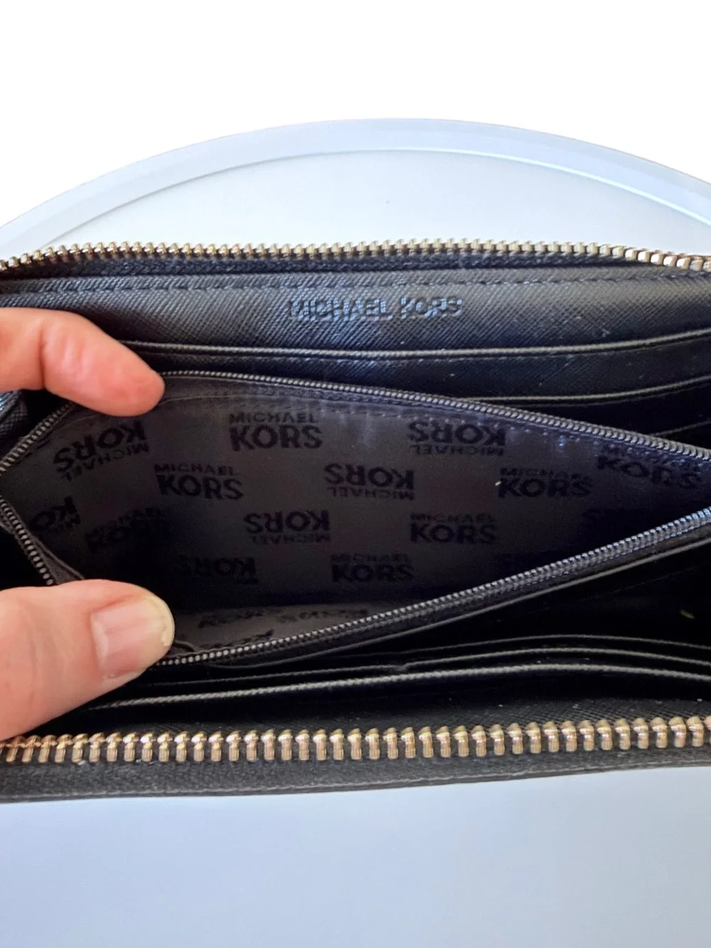 Michael Kors Black Patent Embossed Logo Zip Around Accordion Wallet Gold Tone